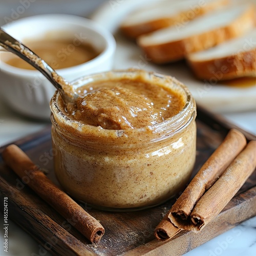 Close-up view of cinnamon-flavored nut butter in a glass jar, a spoon partially submerged, with cinnamon sticks on a wooden tray and blurred slices of bread in the background.