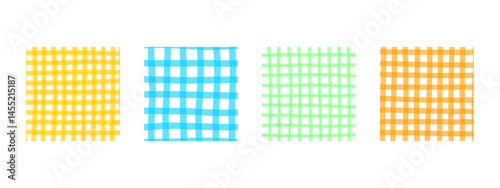 Set of gingham or vichy patterns in doodle style. Picnic plaid, tablecloth, blanket or towel textures in hand drawn technique. Crossed uneven lines. Cute minimalistic prints. Vector illustration.