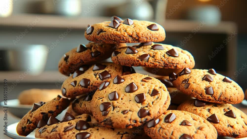 Chocolate chip cookies stacked on plate