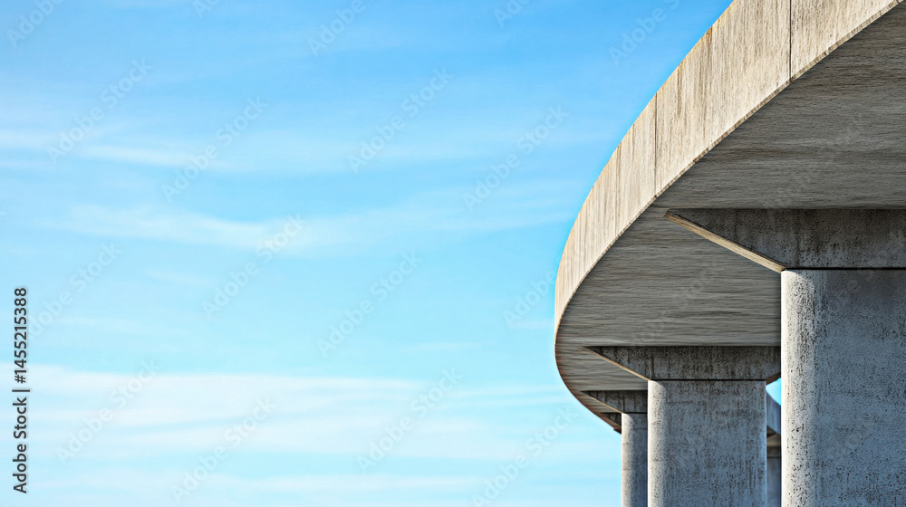 A striking view of a concrete overpass, showcasing its smooth curves and robust pillars against a clear blue sky. A striking view of a concrete overpass, showcasing its smooth curves and robust pillars against a clear blue sky.