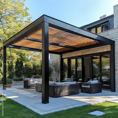 Modern outdoor patio design featuring a sleek black metal pergola with wooden slats, attached to a light-stone house.