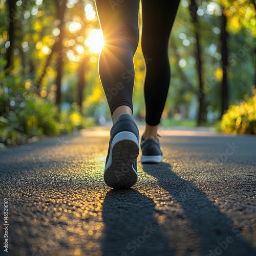 Sunset Stroll:  Close-up view of a person's legs and shoes walking on a paved path through a sun-dappled park, golden hour light creating bokeh in the background.