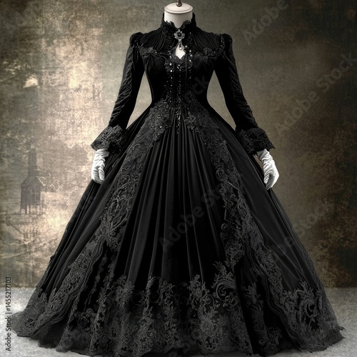 Elegant Black Gothic Victorian-Style Gown: Full-length, long-sleeved ball gown featuring intricate black lace detailing, high neckline, fitted bodice, and flowing skirt.