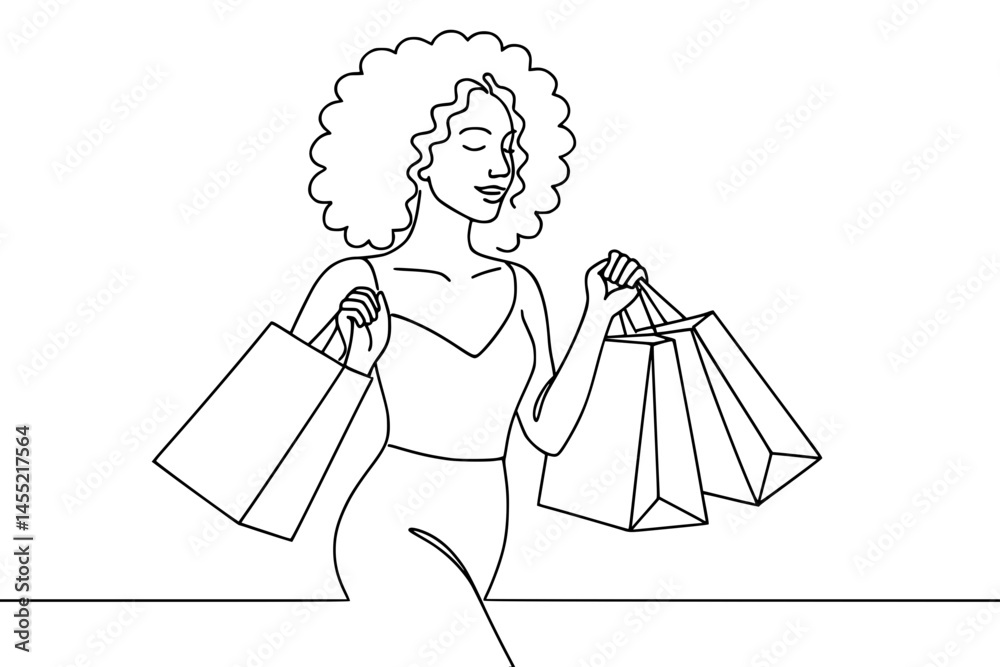 Mulher brasileira fazendo shopping com sacolas, vetor minimalista em desenho de uma linha contínua no fundo branco


