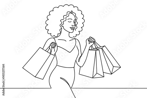 Mulher brasileira fazendo shopping com sacolas, vetor minimalista em desenho de uma linha contínua no fundo branco

