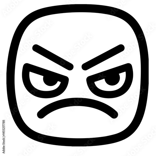 Angry emoticon, black and white vector illustration, square face, frowning, bold outline, intense expression, digital art.