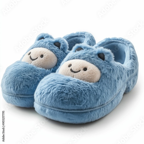 Pair of light blue fuzzy slippers featuring smiling cartoon faces; soft, plush texture; comfortable home wear.