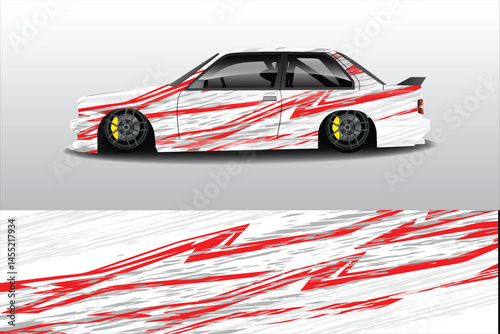 Sleek modified car with dynamic red graphics design