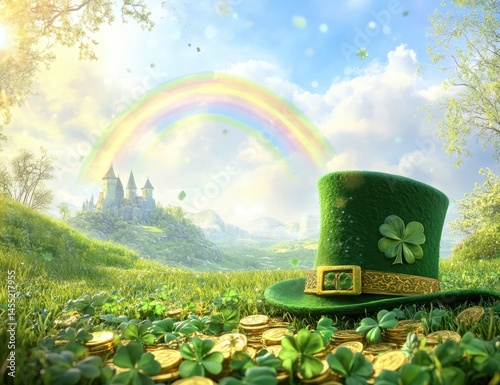 Magical St. Patrick's Day Landscape: Shamrock Fields, Rainbow Castle, Green Hat & Coins