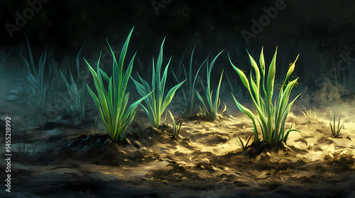 Emerald green grass shoots emerge from rich brown thawing soil, sunlight warming the earth, rebirth, brown. [Gilded Mechanica] | Welded Buds | molten growth. Illustration