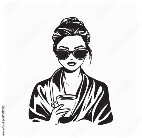 Woman in Bathrobe and Sunglasses Holding Coffee Cup Relaxing in a Morning Vector Image