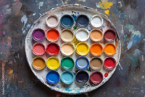 Close-up of round watercolor paint palette with vibrant colorful paints