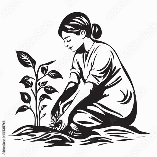 Young girl gardening and planting flowers outdoors image vector