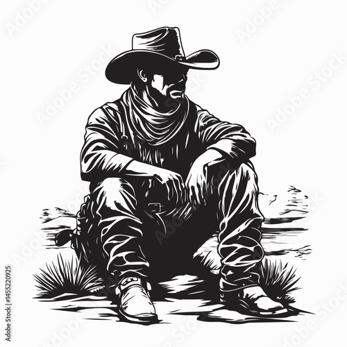 Lonely Cowboy Sitting on the Ground, Lost in Thought Under the Open Sky