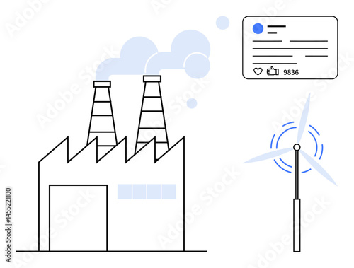 Industrial factory emitting smoke next to wind turbine and social media engagement card. Ideal for sustainability, green energy, eco-awareness, environmental impact, clean technology, corporate