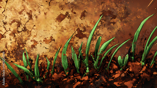 Emerald green grass shoots emerge from rich brown thawing soil, sunlight warming the earth, rebirth, brown. [Gilded Mechanica] | Welded Buds | molten growth. Illustration