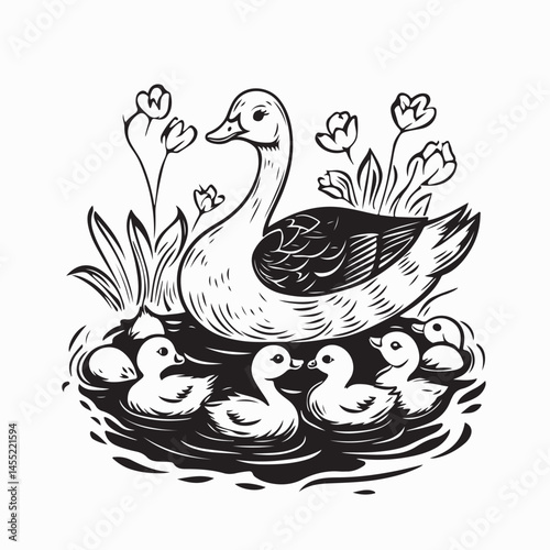Duck Family Vector Images. Ducks Enjoying a Peaceful Pond image vector isolated on white background.