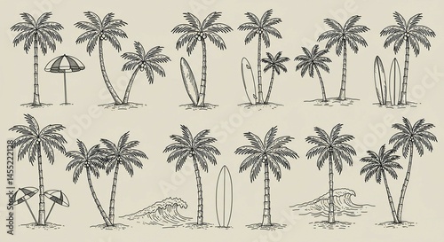 Hand-drawn tropical palm tree collection with exotic, beach, and surfing illustrations for graphic design, vector artwork, and coastal decor in a natural island environment. Monochrome outline style.