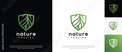 Nature security shield logo design. Shield logo design vector icon with leaves.