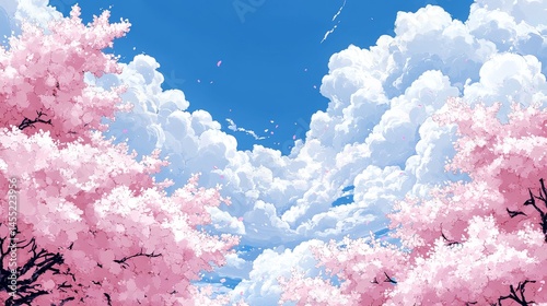 Pastel pink cherry blossoms under a vibrant sky.