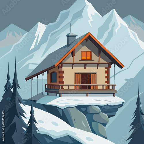 A cartoon illustration of a cozy cabin nestled in the mountains, surrounded by trees and a clear blue sky.
