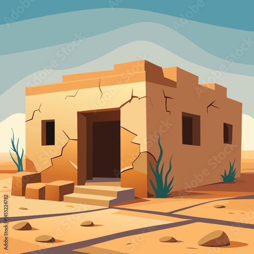 An illustration of a house surrounded by sand dunes in a sunny desert landscape.