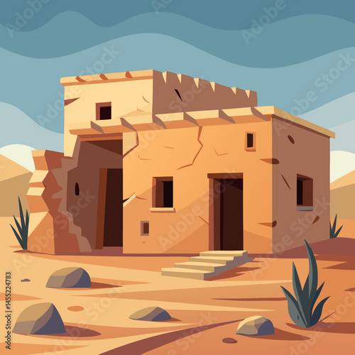 An illustration of a house surrounded by sand dunes in a sunny desert landscape.