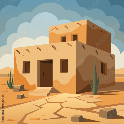 An illustration of a house surrounded by sand dunes in a sunny desert landscape.
