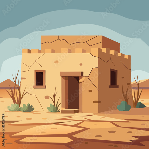 An illustration of a house surrounded by sand dunes in a sunny desert landscape.