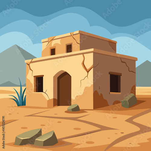 An illustration of a house surrounded by sand dunes in a sunny desert landscape.