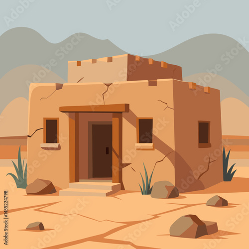 An illustration of a house surrounded by sand dunes in a sunny desert landscape.