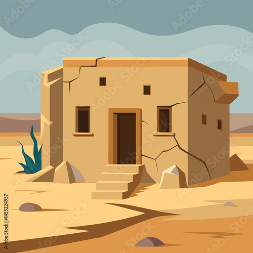 An illustration of a house surrounded by sand dunes in a sunny desert landscape.