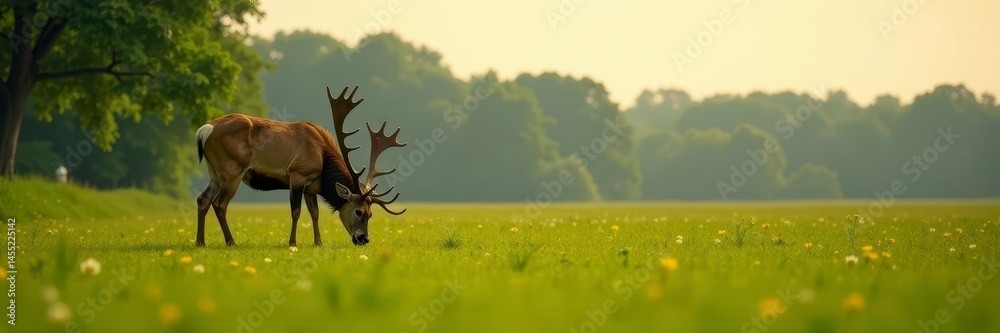 Naklejka premium Large stag grazing peacefully in lush farm pasture , deer, animal, stock photo