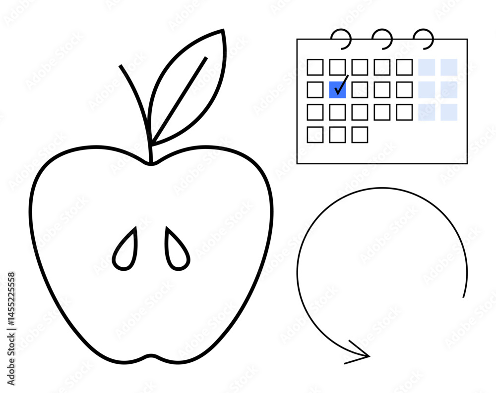 Fototapeta premium Apple outline, marked calendar, and circular arrow reflecting nutrition, time management, sustainable habits. Ideal for diet, health, productivity routine planning goals lifestyle concepts. Flat
