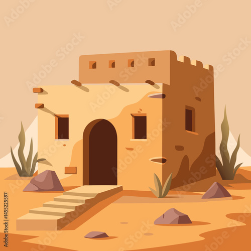 An illustration of a house surrounded by sand dunes in a sunny desert landscape.