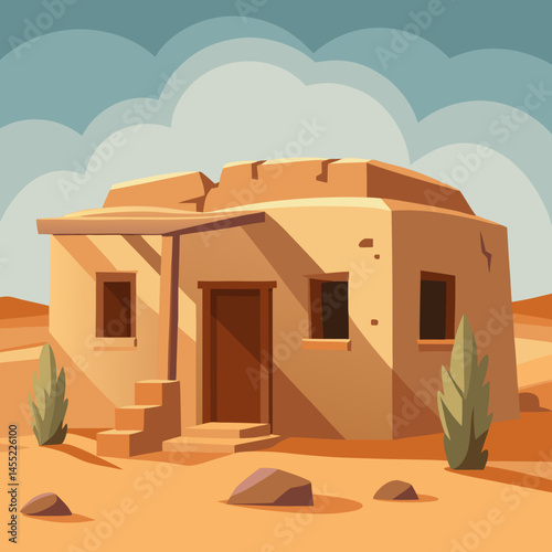 An illustration of a house surrounded by sand dunes in a sunny desert landscape.