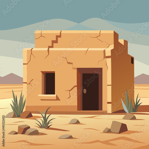 An illustration of a house surrounded by sand dunes in a sunny desert landscape.