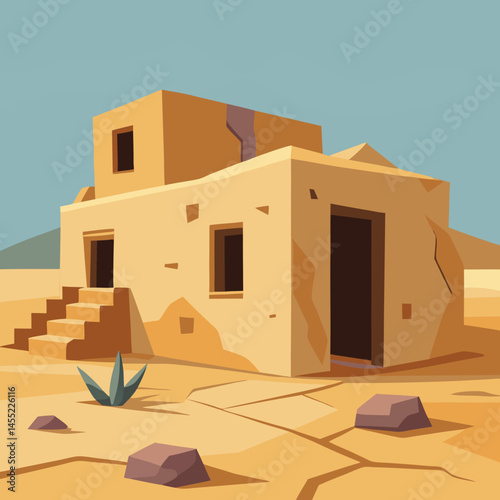 An illustration of a house surrounded by sand dunes in a sunny desert landscape.