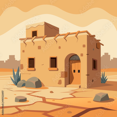An illustration of a house surrounded by sand dunes in a sunny desert landscape.