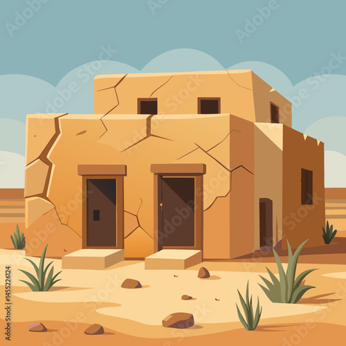 An illustration of a house surrounded by sand dunes in a sunny desert landscape.