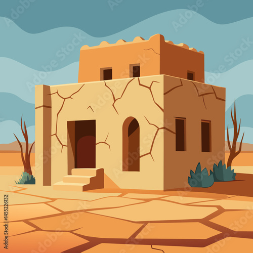 An illustration of a house surrounded by sand dunes in a sunny desert landscape.
