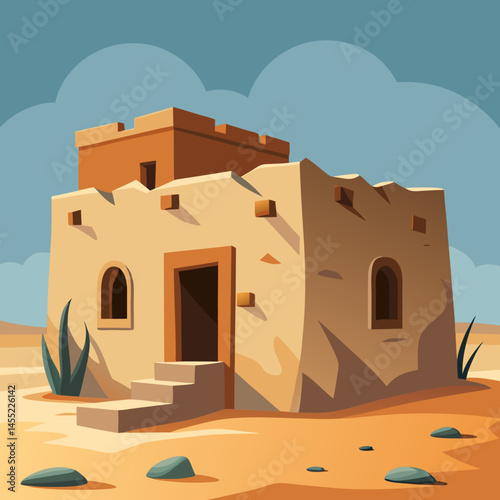 An illustration of a house surrounded by sand dunes in a sunny desert landscape.