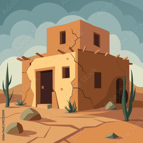 An illustration of a house surrounded by sand dunes in a sunny desert landscape.
