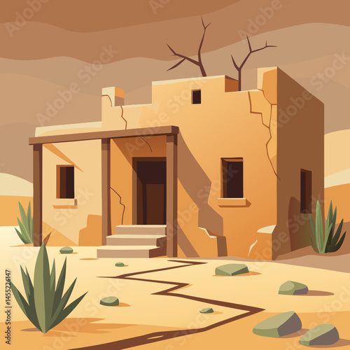 An illustration of a house surrounded by sand dunes in a sunny desert landscape.