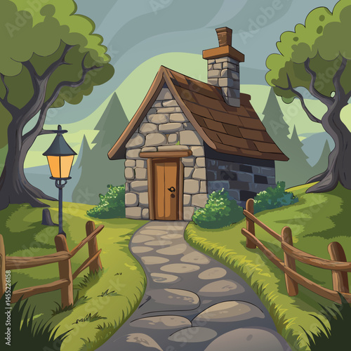 Cartoon illustration of a cozy small house nestled among tall trees in a serene forest setting.