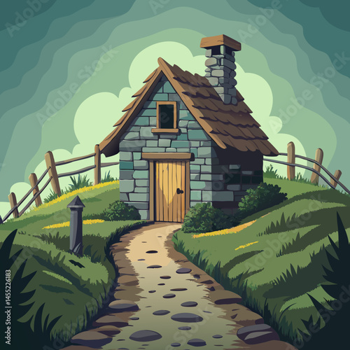 Cartoon illustration of a cozy small house nestled among tall trees in a serene forest setting.