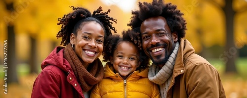 Smiling multigenerational Black family autumn outdoor portrait, photography, leaves