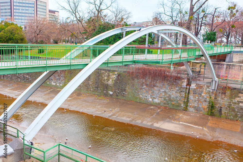 Stadtparksteg arch bridge in Vienna City Park. Sleek, arched pedestrian bridge with green railings spans muddy river, surrounded by bare trees and urban greenery with a modern building in background