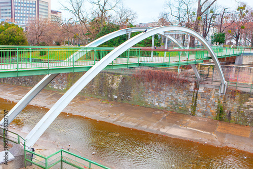 Obraz na płótnie Stadtparksteg arch bridge in Vienna City Park. Sleek, arched pedestrian bridge with green railings spans muddy river, surrounded by bare trees and urban greenery with a modern building in background w salonie
