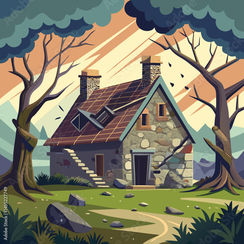 A cozy house nestled among tall trees in a serene forest setting.